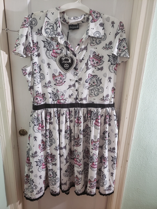Sourpuss Dresses & Skirts - Sourpuss White Dress with Pink & Black Cat Print